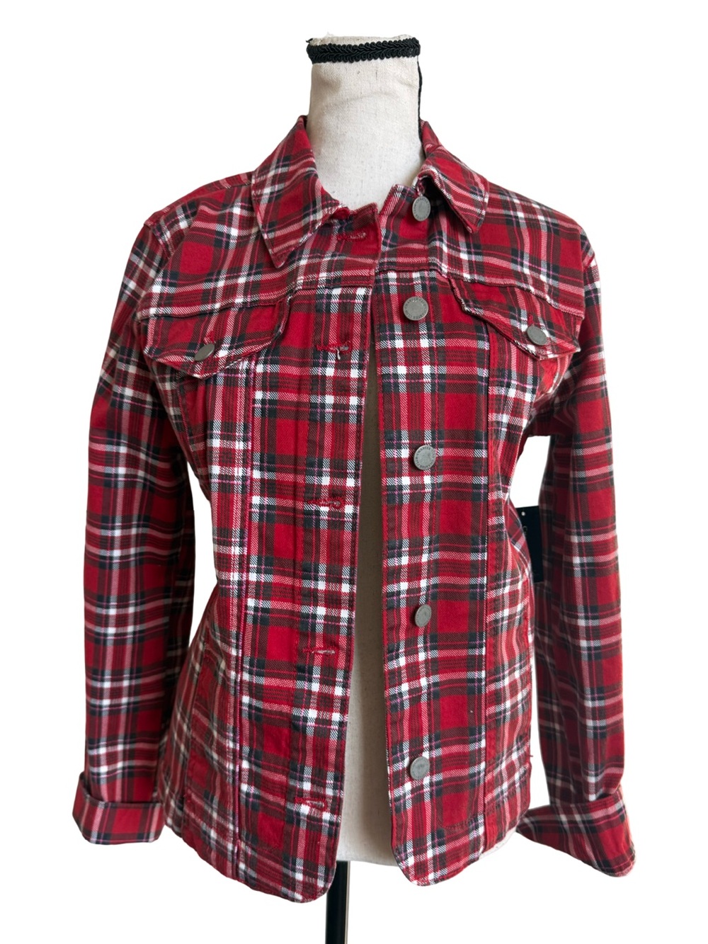 Charter Club Red Plaid Tartan Trucker Jacket Medium Stretch Cotton NWT